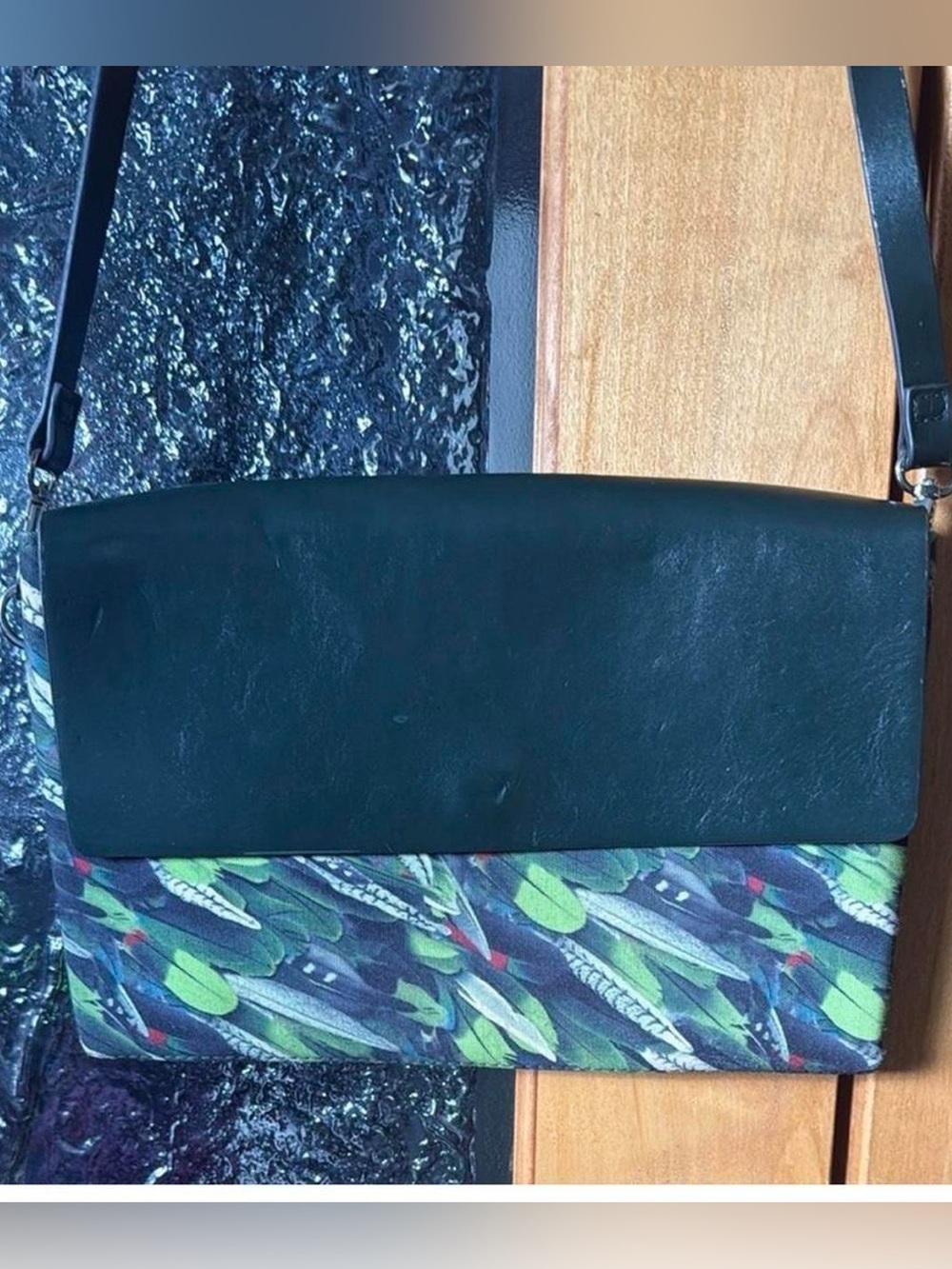 Women's Black & Green Zara Feather-Print Crossbody Bag
